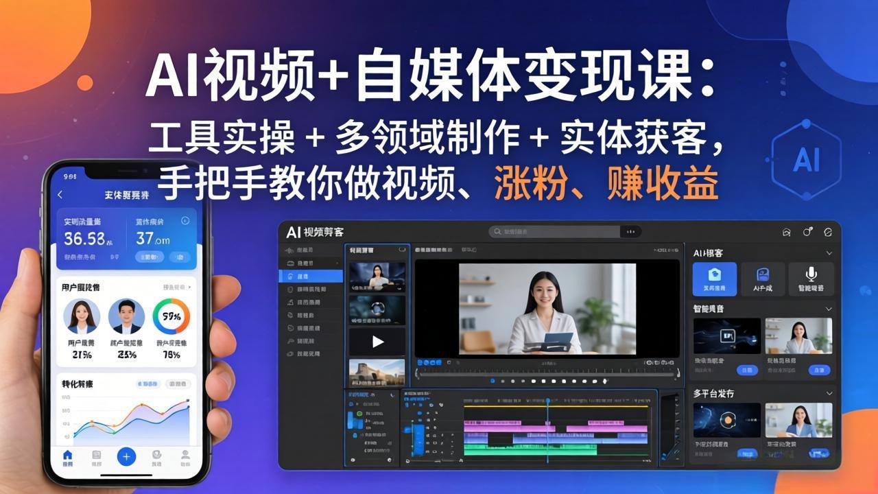 AI视频+自媒体变现课：工具实操 + 多领域制作 + 实体获客，手把手教你做视频、涨粉、赚收益青祥项目库-闲云创业网-老谢轻创网-中创网-福缘网-冒泡网-资源之家-魔方项目库青祥项目库
