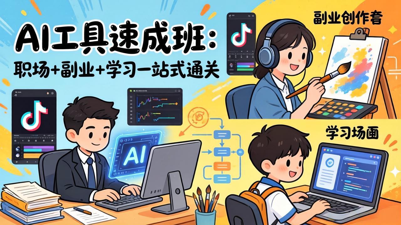 AI工具速成班：职场+副业+学习一站式通关，20+爆款类型+剪映技巧+抖音算法，0基础快速上手青祥项目库-闲云创业网-老谢轻创网-中创网-福缘网-冒泡网-资源之家-魔方项目库青祥项目库