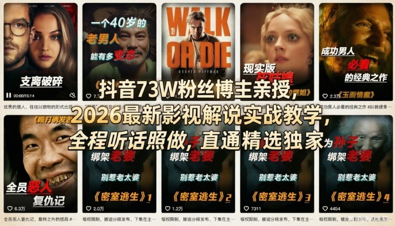 抖音73W粉丝博主亲授，2026最新影视解说实战教学，全程听话照做，直通精选独家青祥项目库-闲云创业网-老谢轻创网-中创网-福缘网-冒泡网-资源之家-魔方项目库青祥项目库