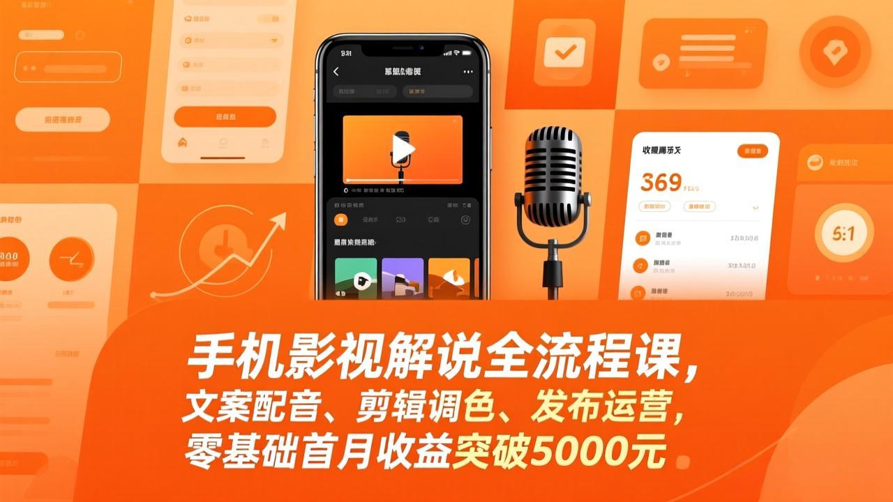 手机影视解说全流程课，文案配音、剪辑调色、发布运营，零基础首月收益突破5000元青祥项目库-闲云创业网-老谢轻创网-中创网-福缘网-冒泡网-资源之家-魔方项目库青祥项目库